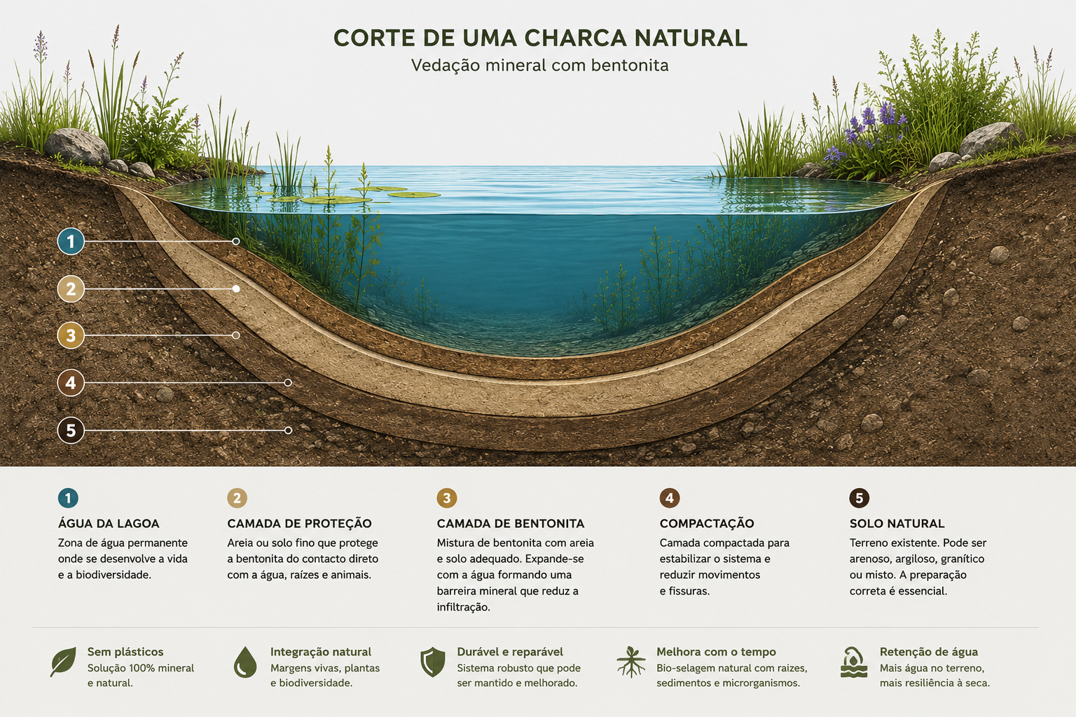 Corte de uma charca natural mostrando as camadas: água, proteção, bentonita, compactação e solo natural