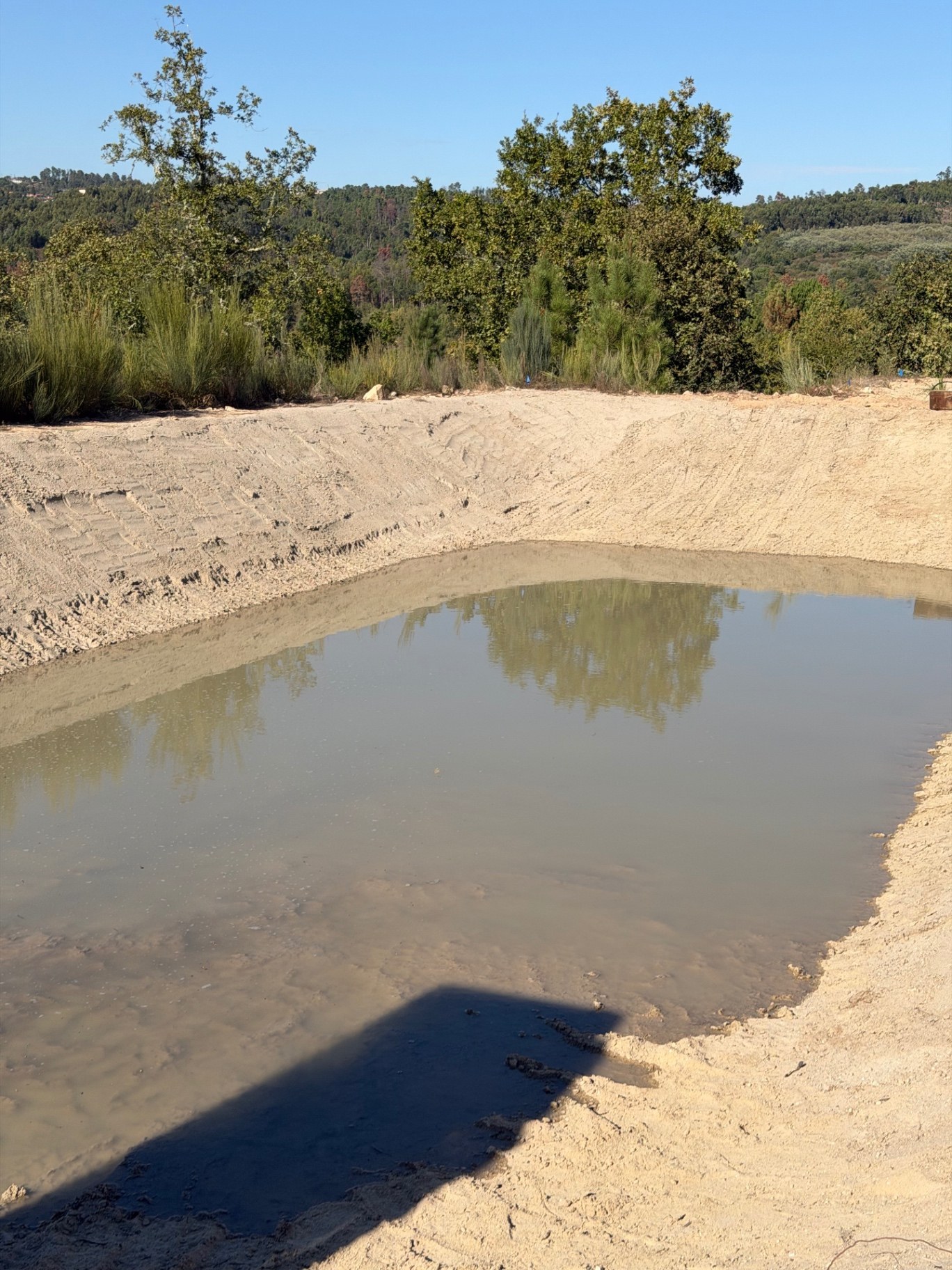 Água acumulada na charca em construção, com margens minerais e reflexos das árvores