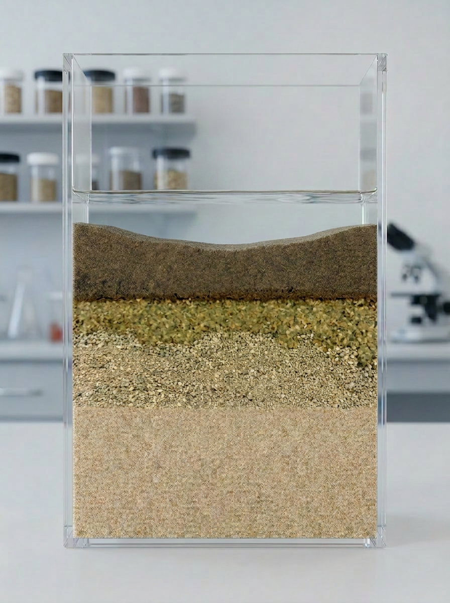 Corte de amostra de laboratório mostrando areia molhada em cima, a camada de bentonita no meio a reter a água (parte superior mais escura e húmida, parte inferior seca), e areia seca em baixo